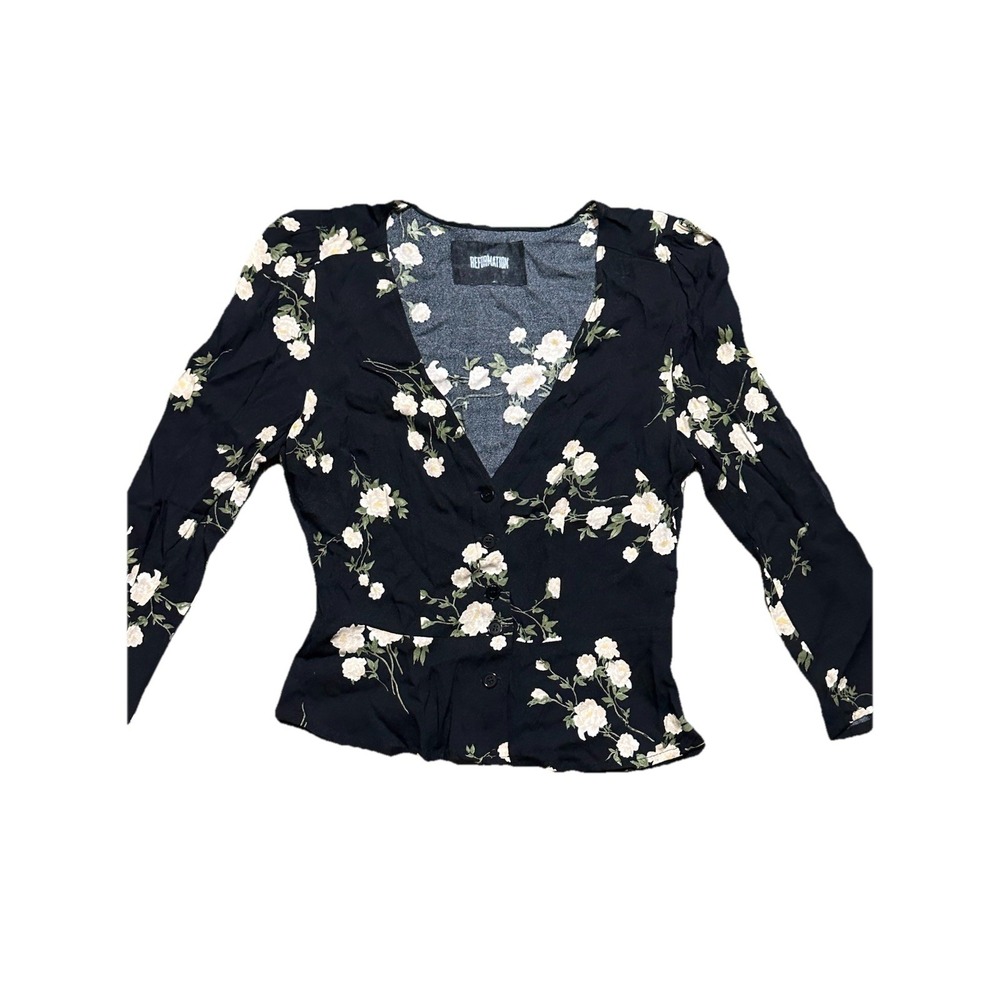 Reformation Womens‎ Floral Print Long Sleeve Buttoned Crop Top Black Size 2